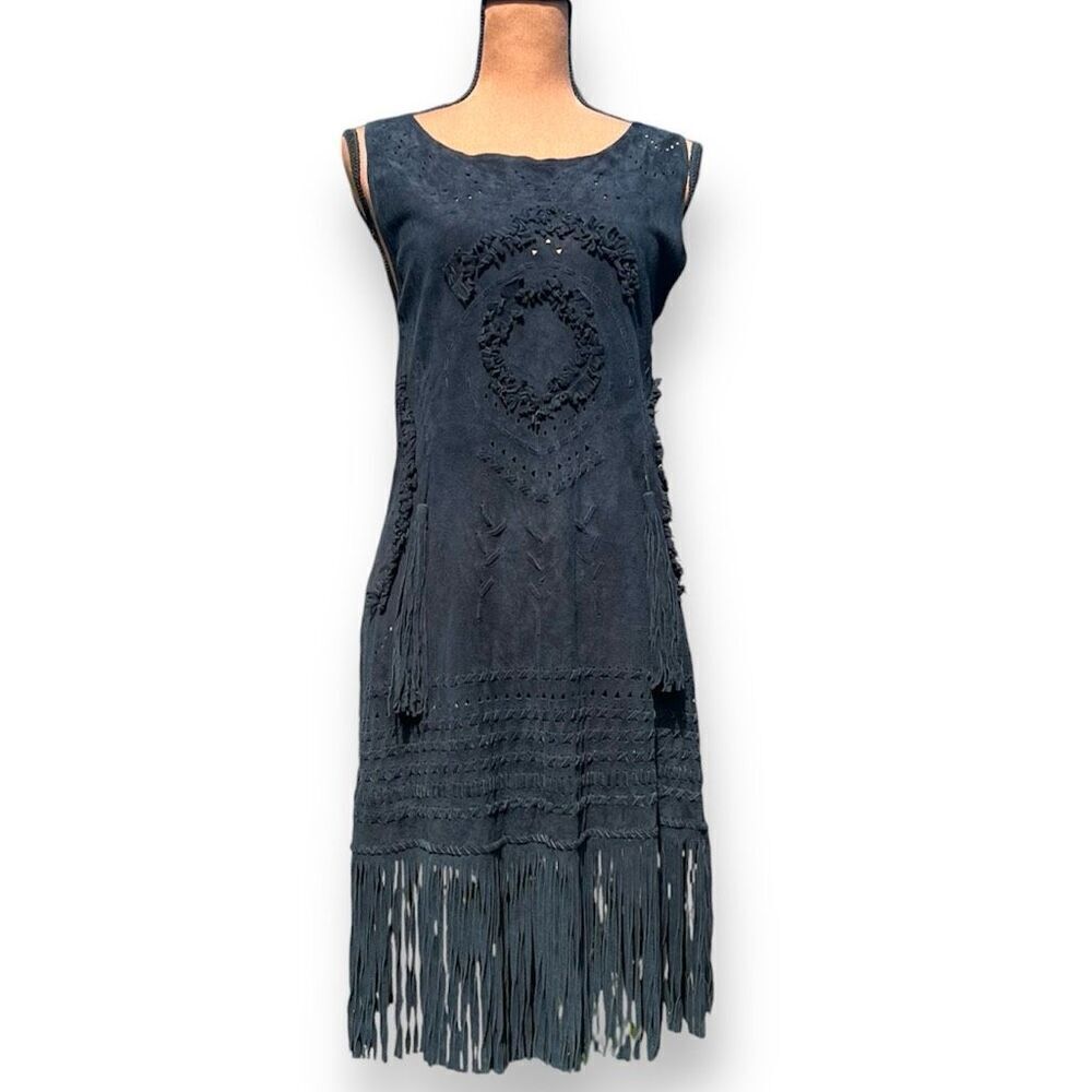Poupette St. Barth, Suede Scoop Neck Fringe Trim Knee-Length Dress Women’s XS